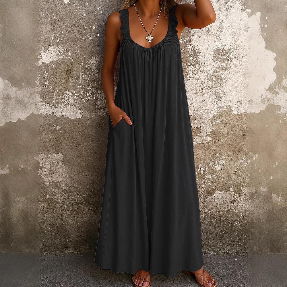 YYFS Women's Fashion Summer Spring Solid Color Print Sleeveless V-Neck Loose Waistlinet Casual Dresses