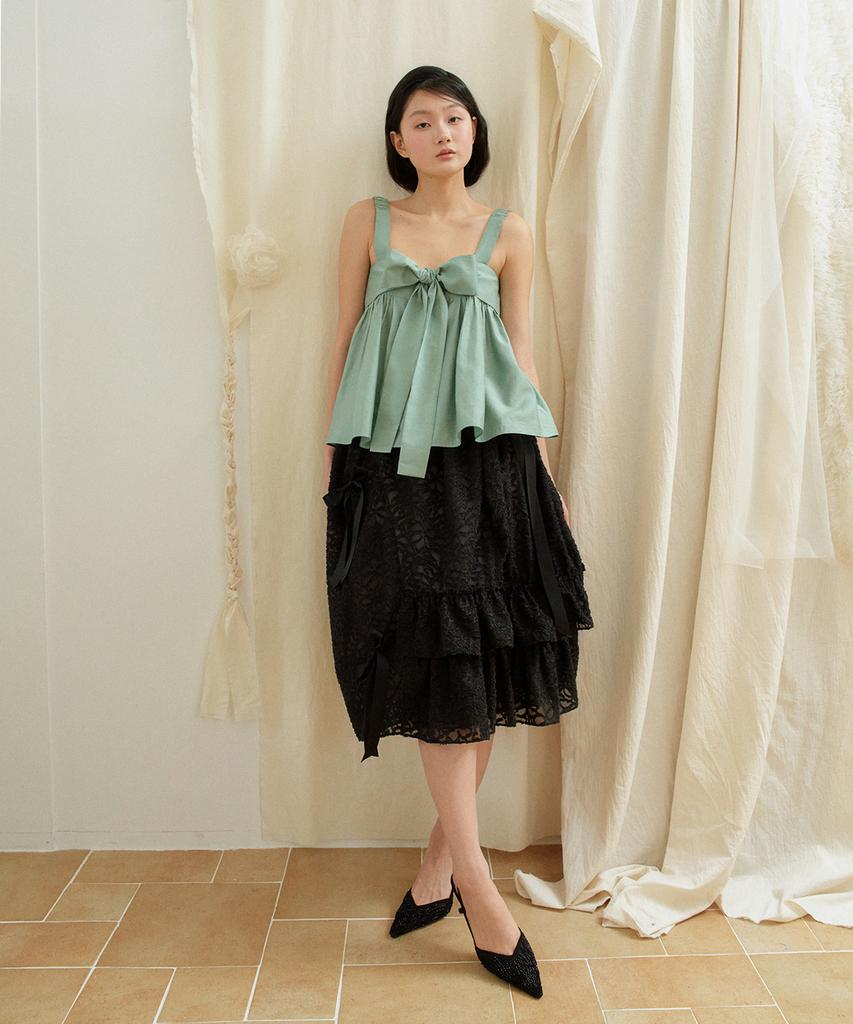 Sennyu Floral Sheer Ruffle Ribbon Skirt (Black)
