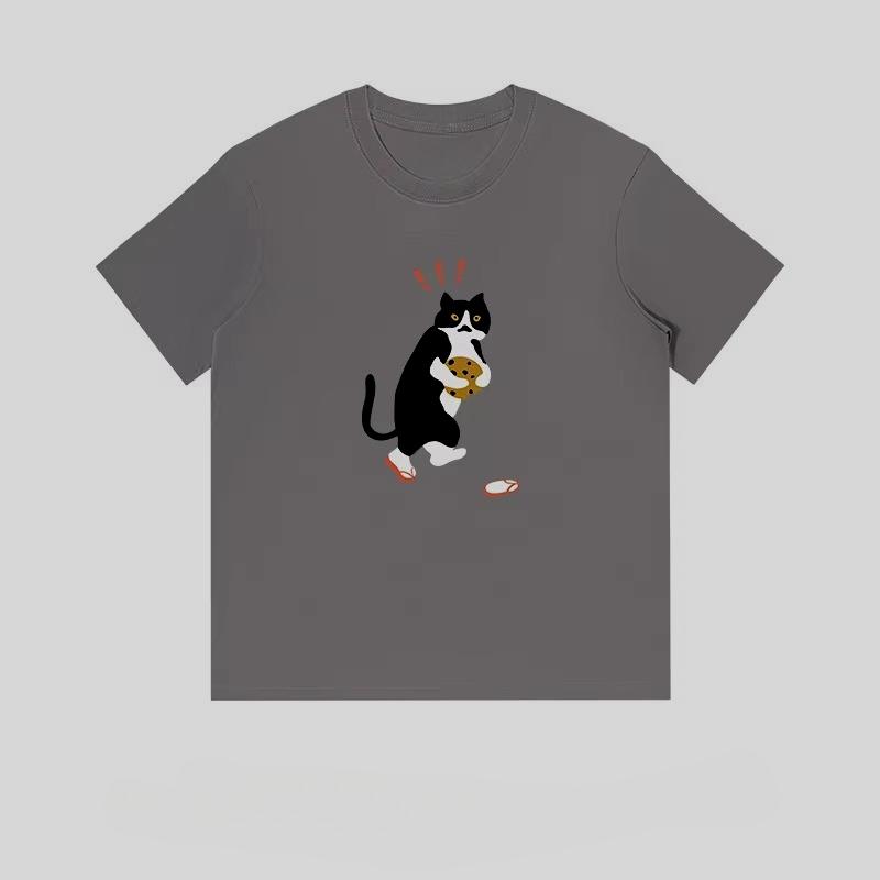 Summer Men's Short Sleeve Fun Cat Couple Printed Half Sleeve Casual Loose Heavy Cotton T-Shirt Men - Autumn and Winter Innerwear