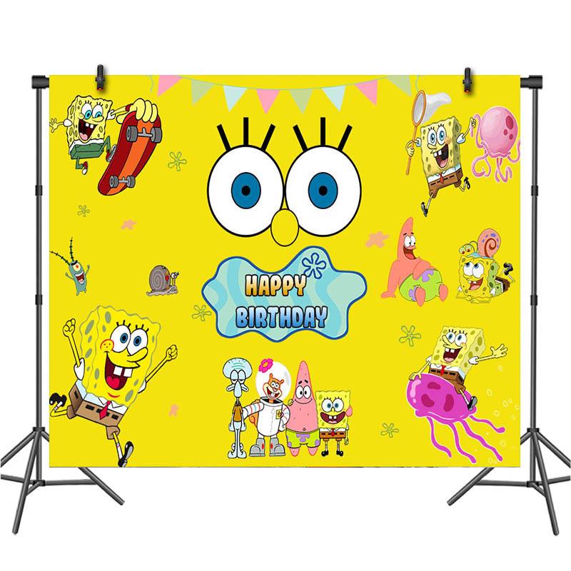 Cartoon SpongeBob Birthday Party Themed Disposable Tableware Balloon Set Party Hat Mask Napkin Horn Banner Backdrop Baby Shower