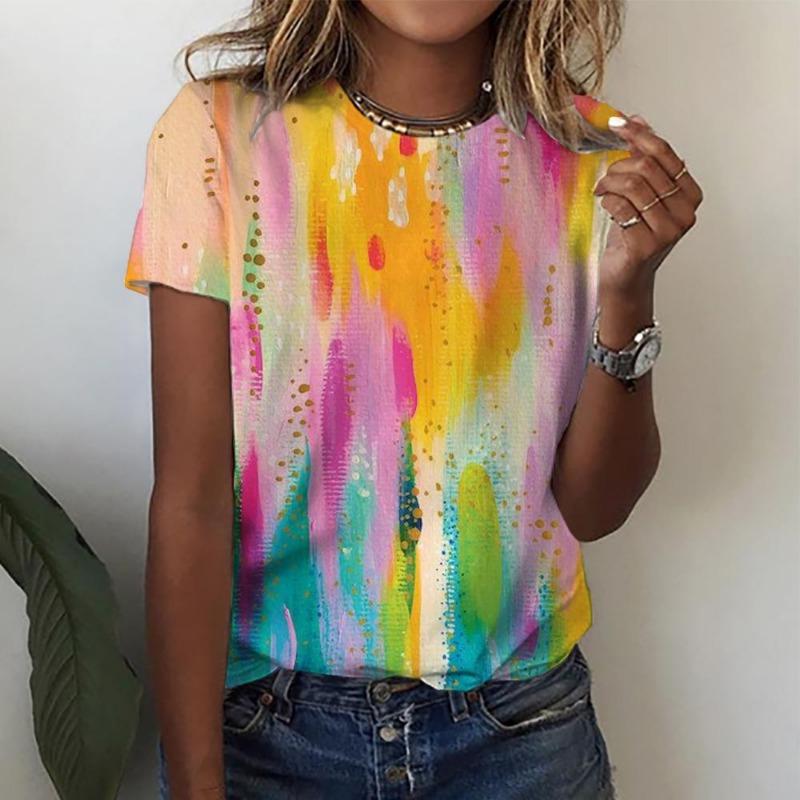 Gradient Dámské Blusas s krátkým rukávem 3D květinovým potiskem Ležérní trička s výstřihem Y2k Topy Osobnost Trička Roupa Feminina Mujer