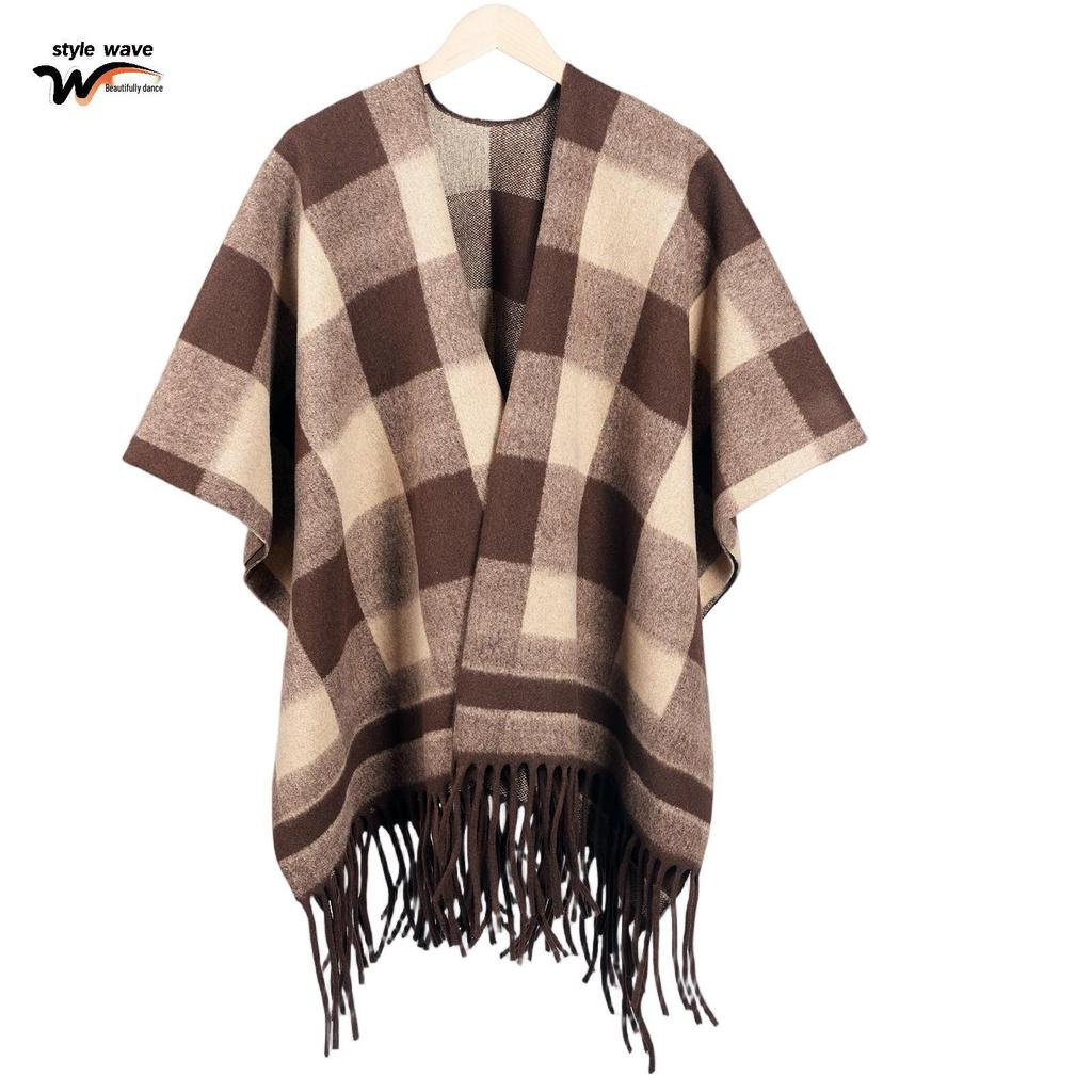 Women's Thick Jacquard Tassel Shawl - Versatile Solid Color Cape for Autumn/Winter