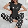 Summer Pijama Women Graphic Print Pajamas Set Short Sleeve Crew Neck Tops Elastic Waistband Pants Women's Black Sleepwear Loungewear Pj