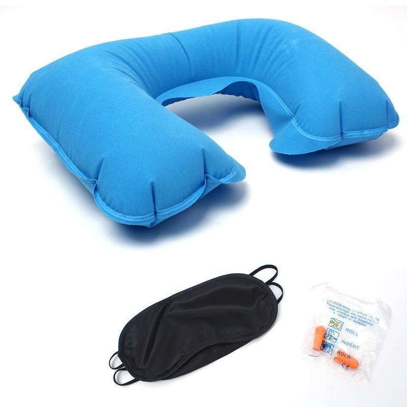 3Pcs/pack Soft U Shaped Air Inflatable Pillow Portable Flock (1 Pc Pillow+1 Pc Eye Cover+1Pc Earplug)
