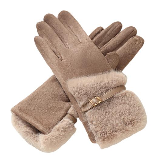 Women's Winter Suede Gloves with Fur Cuffs Soft Warm Touchscreen Cycling Gloves Ladies Fleece Lined Windproof Gloves for Cold Weather