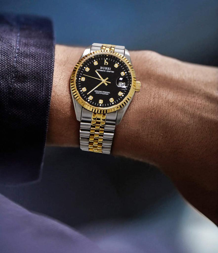 BUREI Automatic Date Mechanical Gold and Black Watch Men's Watch, Waterproof, Analog, Display, Movement, Popular, Stylish, Simple, Casual,
