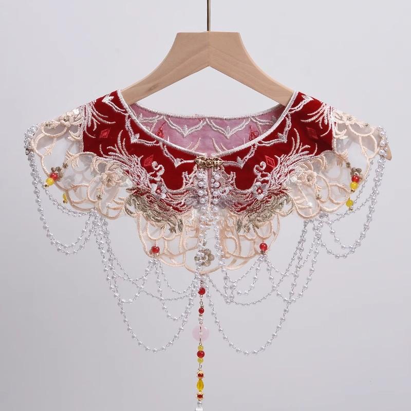 Cloud Shoulder Women'S Horse Dress Embroidered Fringed Fake Collar Retro Shawl National Style Hanfu Pearl Accessories Cape