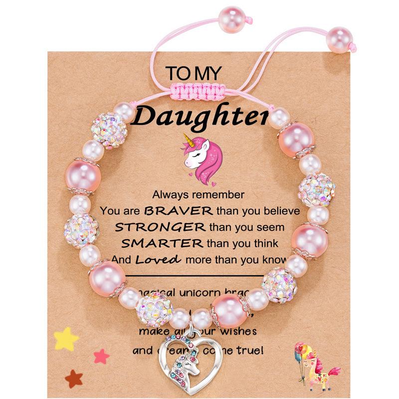 

Pink Pearl Shamballa Bracelet with Heart and Unicorn Pendant