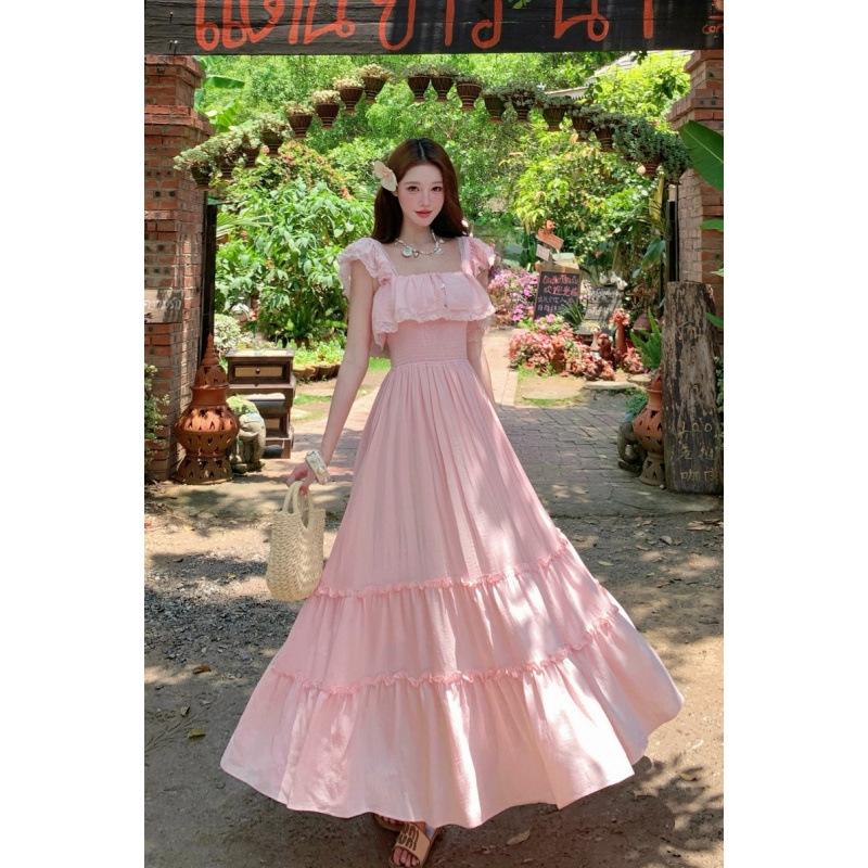 Pure desire peak coral pink holiday style big skirt lace splicing dress atmosphere suspender long dress fairy
