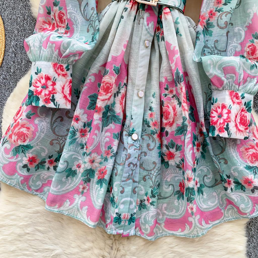 Frühling Sommer Frauen Elegante Volle Hülse Blume Drucken Mini Kurze Hemd Party Kleider Mit Gürtel