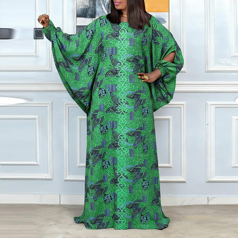 L-5XL Women O Neck Batwing Long Sleeve Floral Print Casual Loose Maxi Kaftan Dress