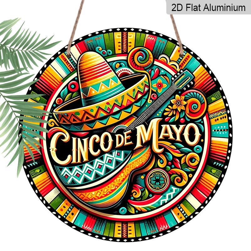 

2D Flat, 1pc Round Aluminum Hanging Sign, Cinco De Mayo Sombrero & Guitar Mexican Folk Art Design, Vibrant Fiesta Metal Sign, Perfect for Taco Bar 7.87*7.87inch