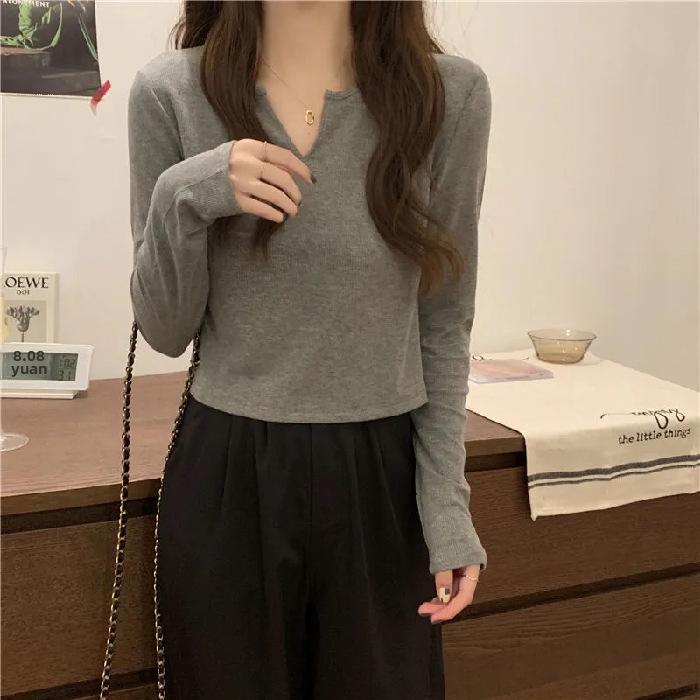 Women's Slim Fit V-Neck Long-Sleeve T-Shirt for Spring/Autumn 2025 - New Korean Style