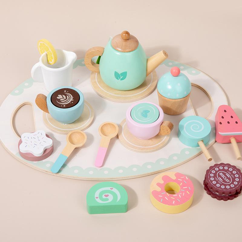 Wooden Afternoon Tea Play House Ice Cream Game, Children's Simulated Teapot Tea Set Interactive Kitchen Educational Toys