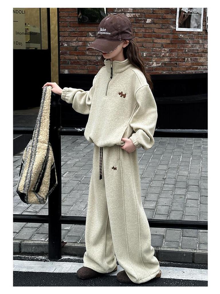 New 2025 Fashion: Girls' Thickened Fleece Lined Sweatshirt Two-Piece Set for Autumn and Winter