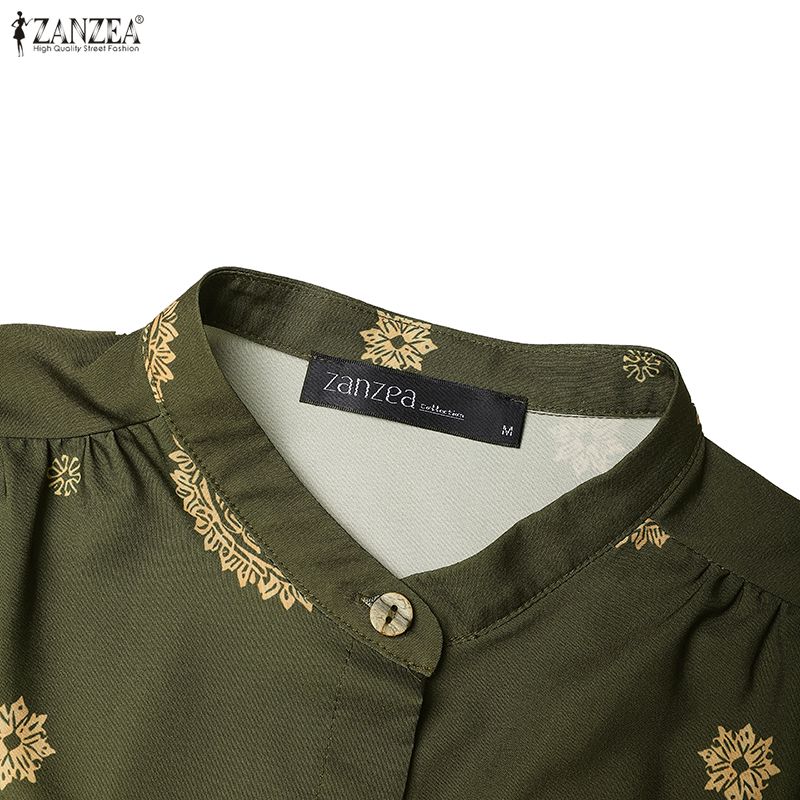 ZANZEA Women Lantern Sleeve Stand Collar Belted Waist Floral Print Pleated Hem Casual Holiday Long Dress
