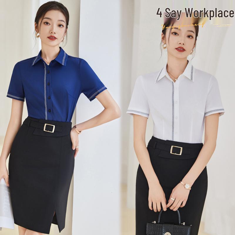 

Women s Blue Short-Sleeve Formal Summer Workwear Shirt XL