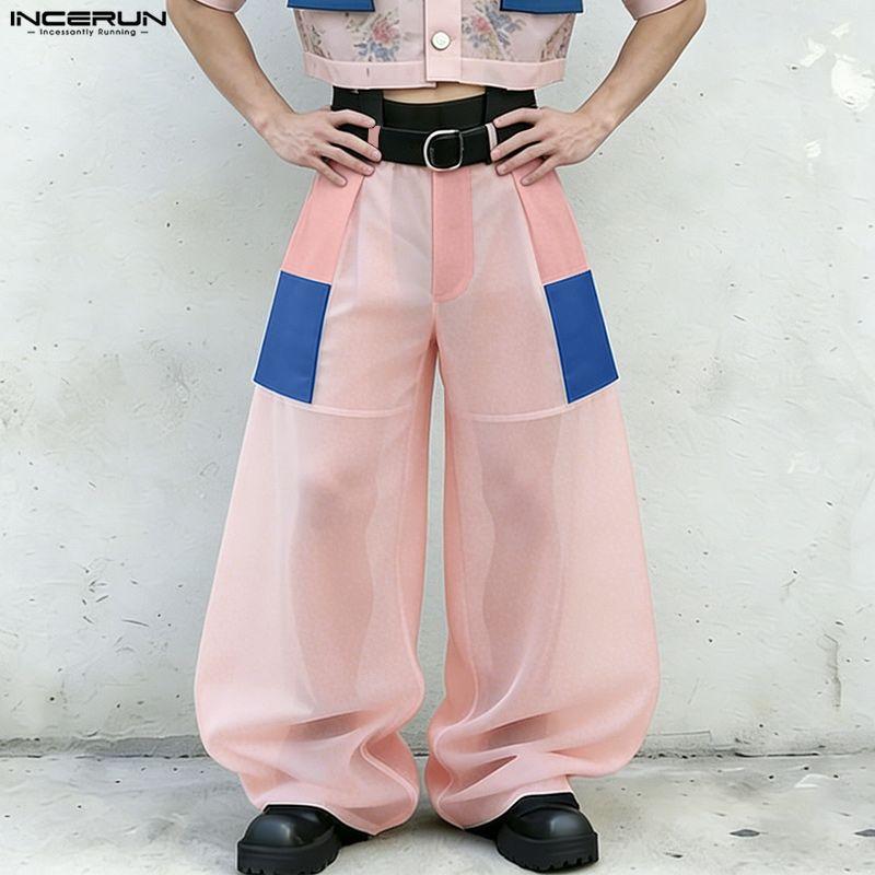 INCERUN Men High Waist Zip-up See Through Perspective Party Long Pants Trousers