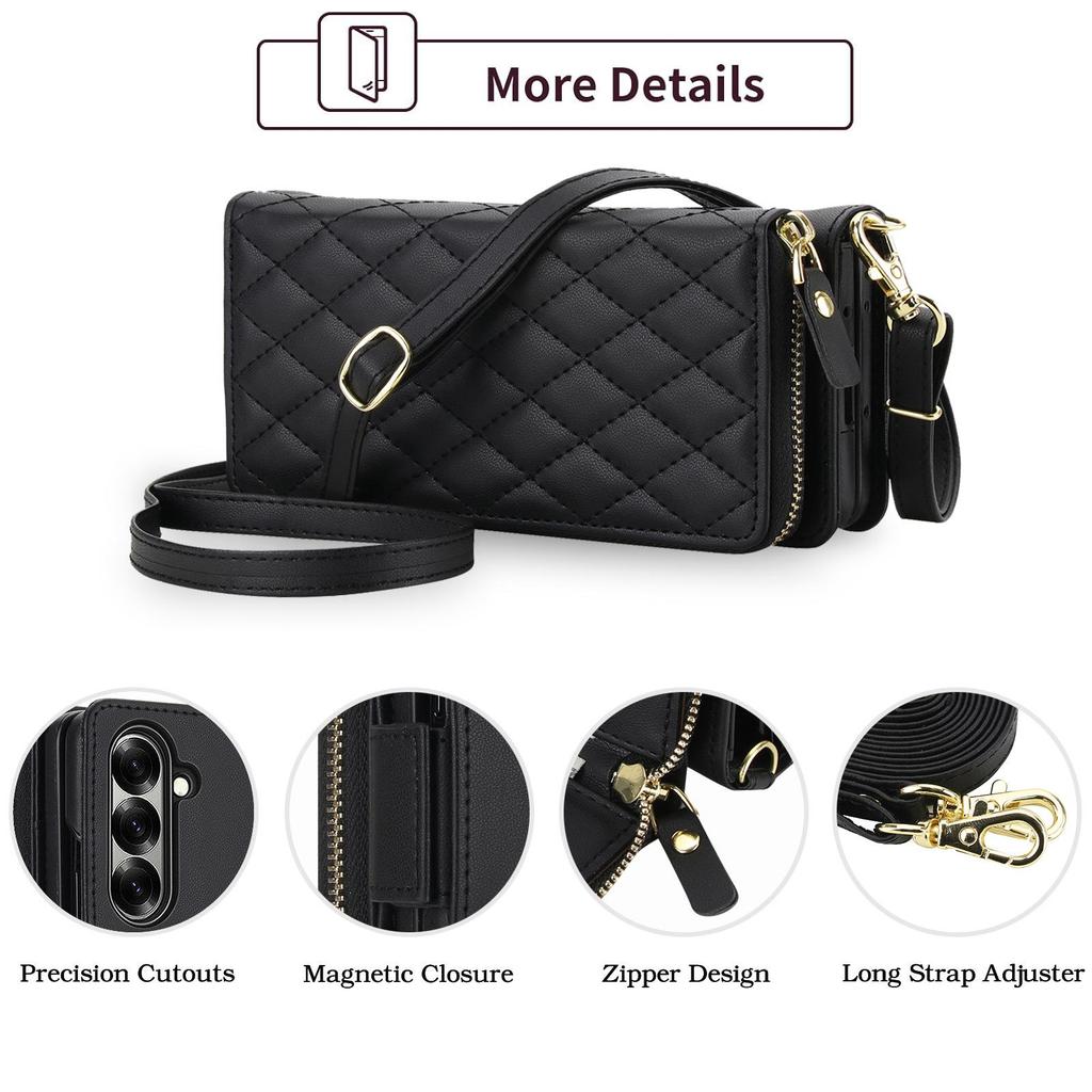 Kompatible gesteppte Reißverschluss-Crossbody-Geldbörsenhülle für Samsung Z Fold 7, 6, 5, 4 mit Kartenfächern.