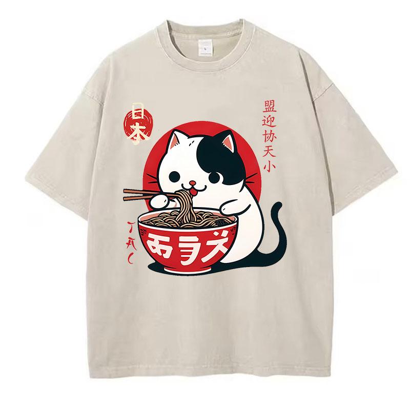 Harajuku Washed T Shirt Cotton T-Shirt Japanese Cat Eat Ramen Funny Graphic Tee Casual Streetwear Spring Summer