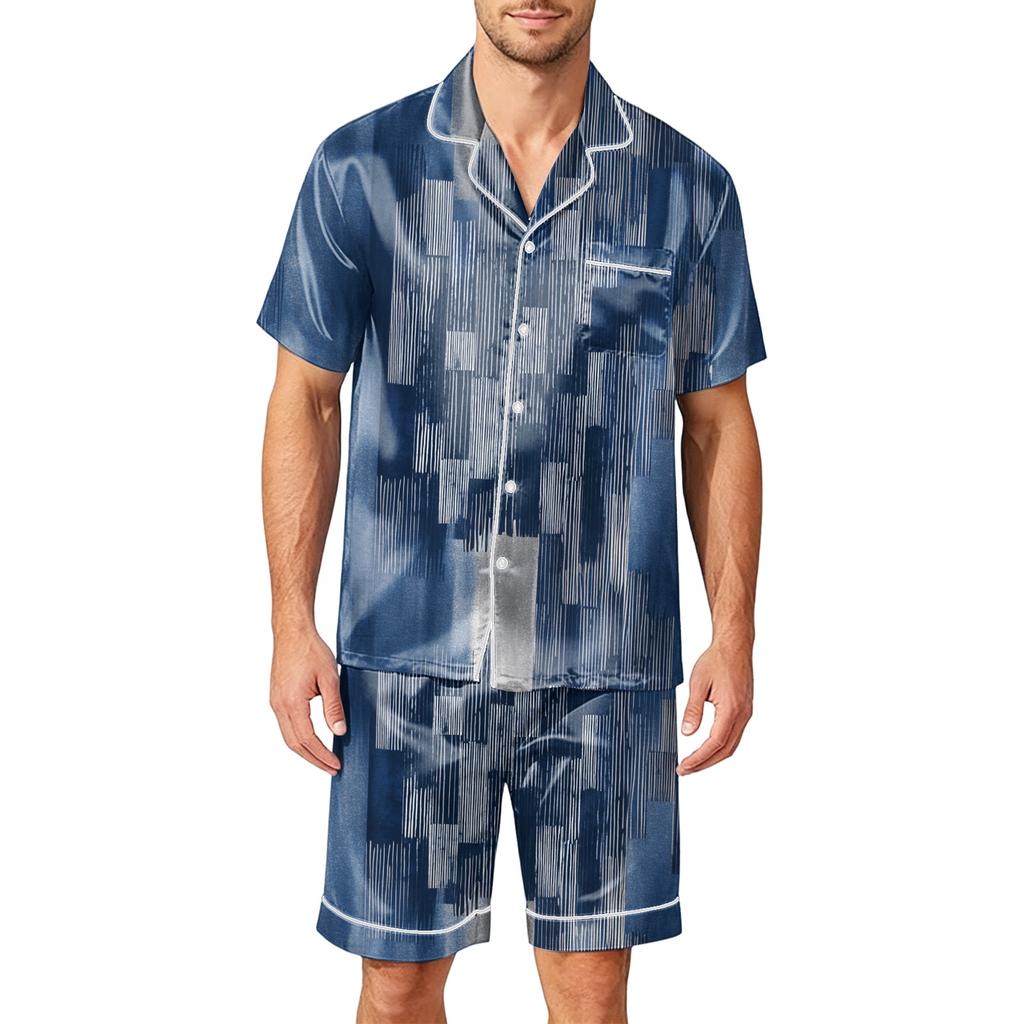 Men's Satin Short Sleeve Pajama Set Two Piece Sleepwear with Button Front Shirt and Shorts with Pockets Soft Lightweight Lounge Wear