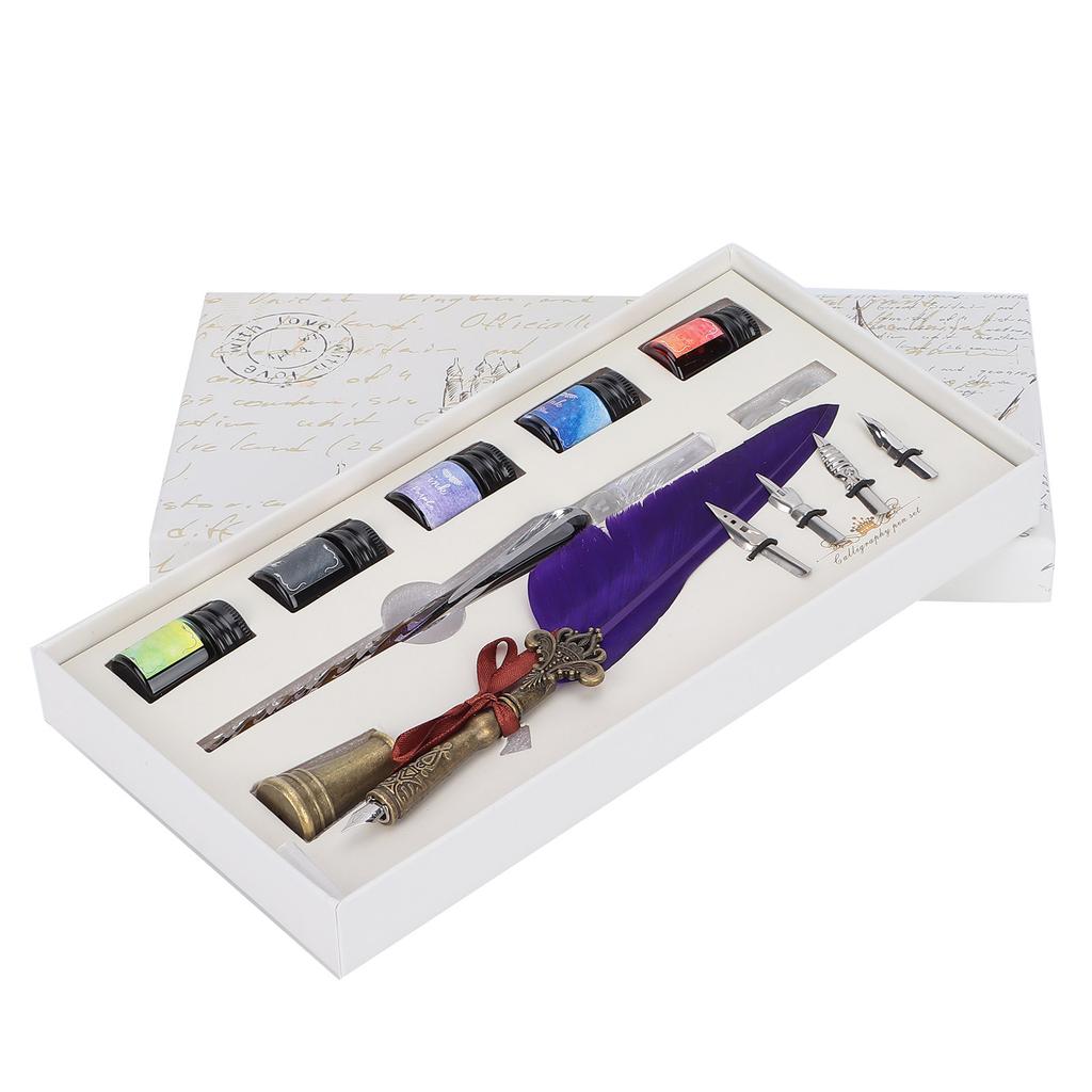Calligraphy Pen Set Glass Ink Feather Fountain Pen with Replaceable Nib Writing Gift Box KitSP118014 Purple