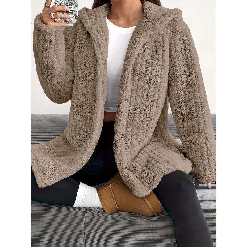 Autumn and Winter Solid Color Long Sleeved Textured Button Hooded Loose Plush Women's Coats