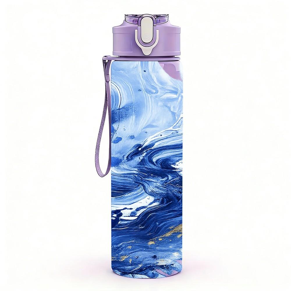 1PC Dark Blue Fluid Paint Pattern 750ml Color Plastic Sports Water Bottle Leakproof Flip Straw Lid Suitable for Sports Office Home Use