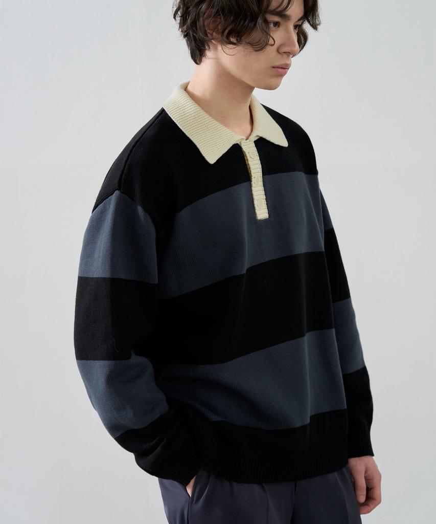 DRAW FIT Striped Cotton Collared Knit [Black]