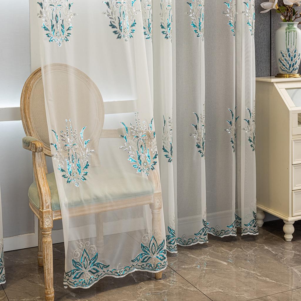 Embroidery Blue Transparent High-end Light Luxury Curtains Window Screen Bedroom Living Room Bay Window Finished Curtains