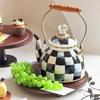 Checkered Black & White Enamel Kettle with Diamond Lid, Wooden Handle, Angled Spout, 2L Capacity - Classic All-Season Teapot