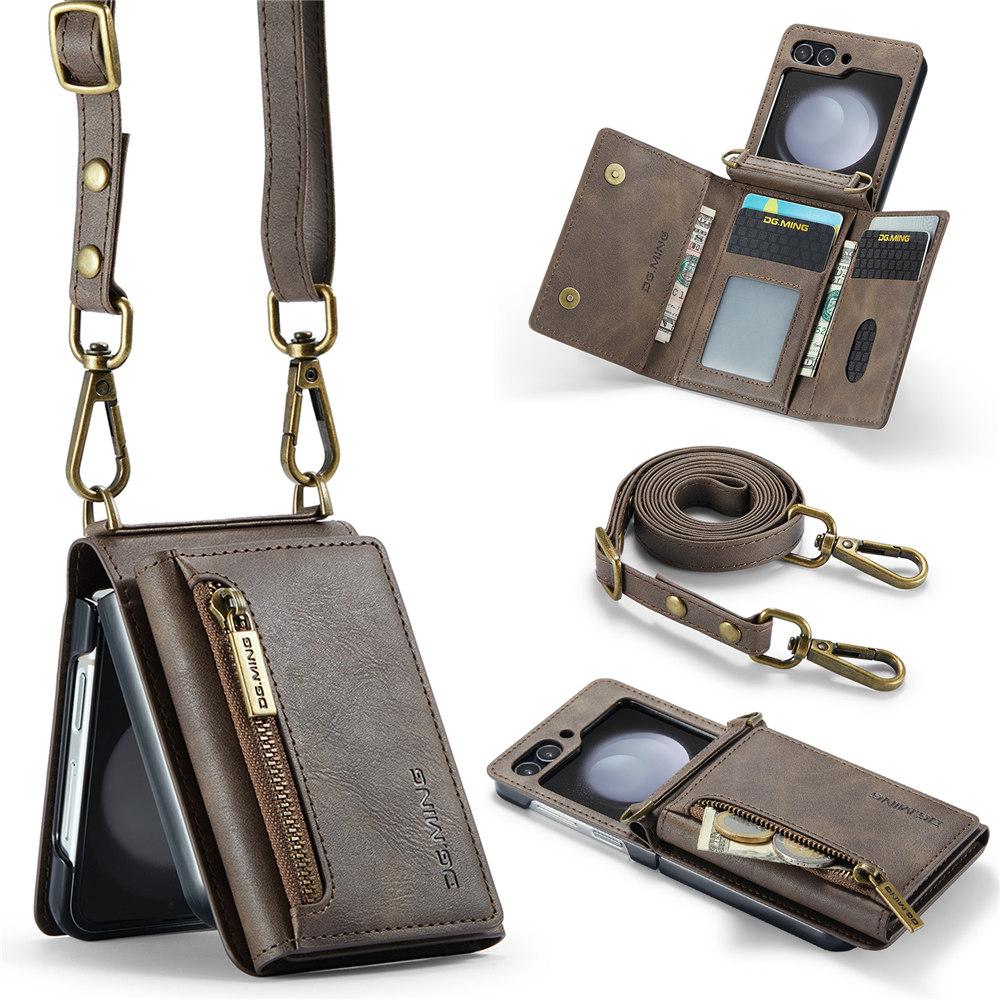 Vintage Lanyard Leather Wallet Case For Samsung Galaxy Z Flip 6 Flip 5 Flip 4 3 Credit Cards Slot Phone Cover