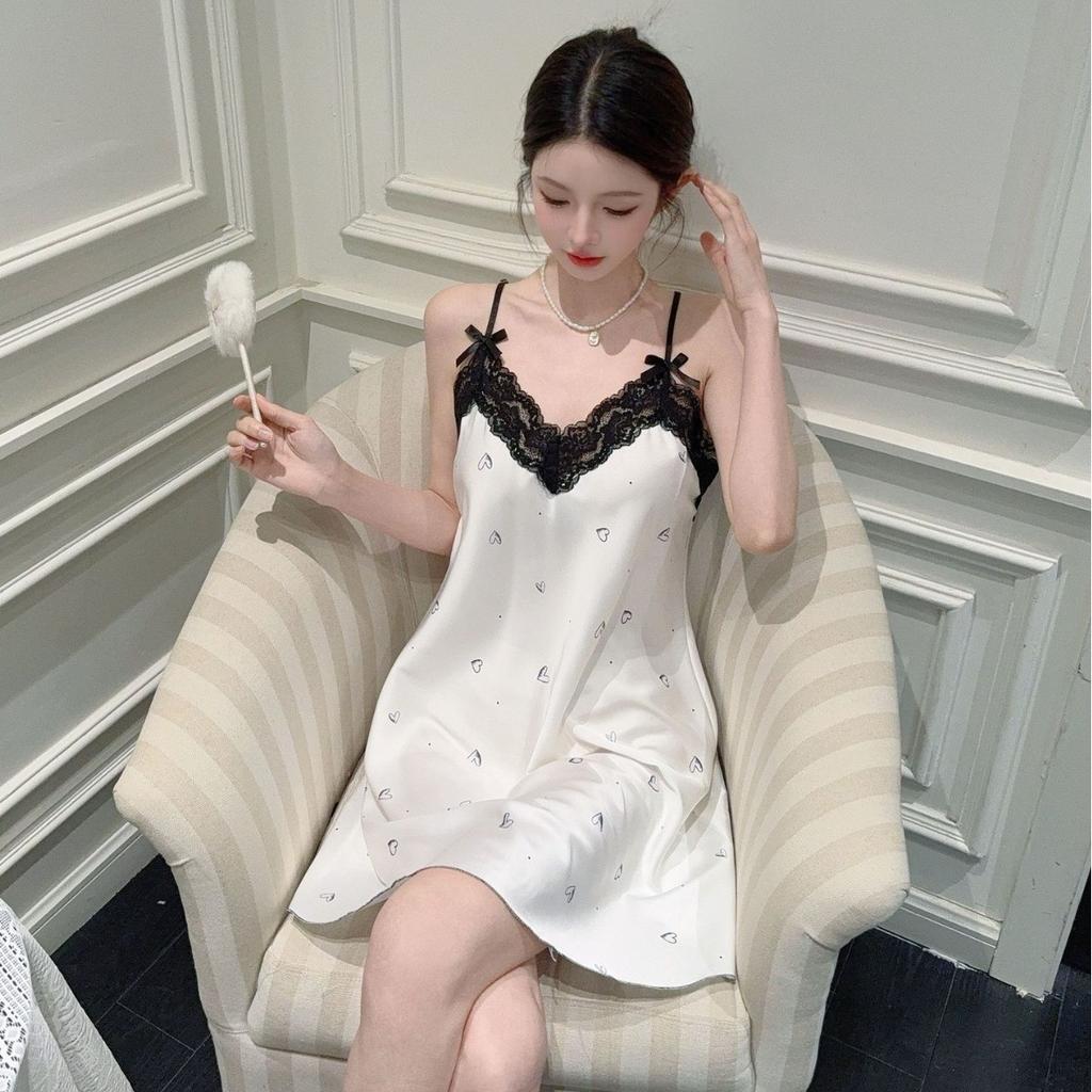 Sexy pajamas women Ice Ribbon chest pad summer ice silk new nightgown pure lust wind sweet print lace loungewear