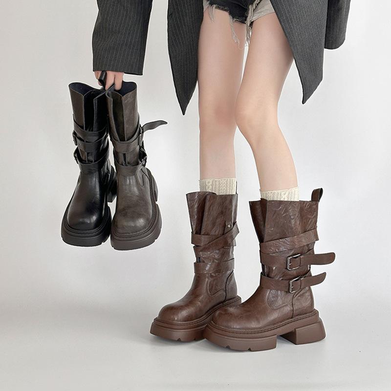 Retro versatile high-heeled leather boots texture thick-soled Martin boots women's autumn and winter British style small thick-heeled fashion boots