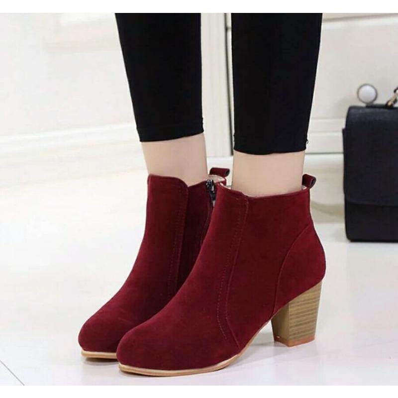 

Осень и зима новые ботильоны с круглым носком и боковой молнией на высоком каблуке женские большого размера замшевые ботинки Мартина на толстом каблуке 41 бордовый