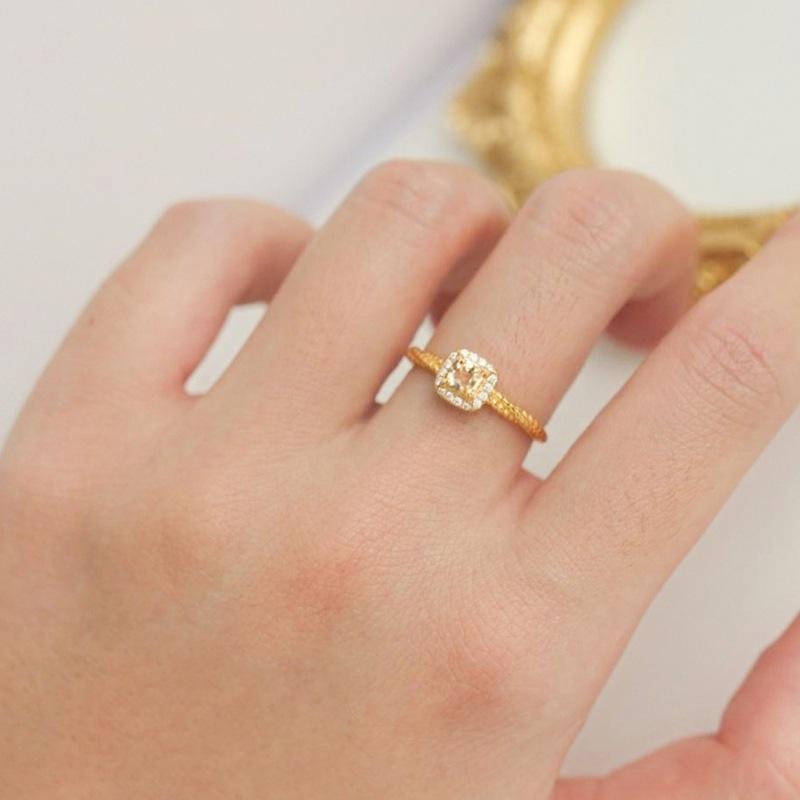 High Appearance Yellow Diamond Square Candy Twist S925 Sterling Silver Adjustable Open Ring for Women