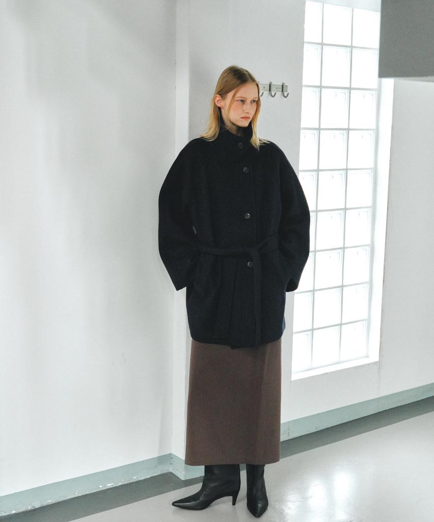 AENTE Wool Belted Half Coat - Navy
