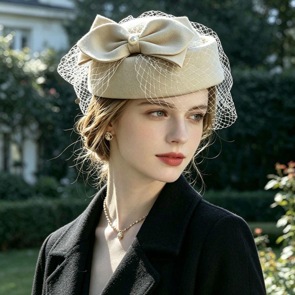 Elegant Bow Fedora Hat French Style Woolen Beret Airline Stewardess Caps Fashion Show