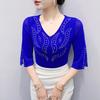 Nowe Ubrania Damskie T-shirt Seksowny Dekolt V Gorące Cyrkonie Top Koszule Lato Dziewczyna Wyszczuplająca Siateczka Pół Rękawa Koszulki Bluzka