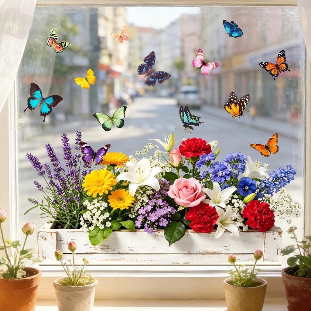 Spring Garden Flower and Butterfly Combination Window Decal No Adhesive, Removable for Bedroom Decorating Stickers