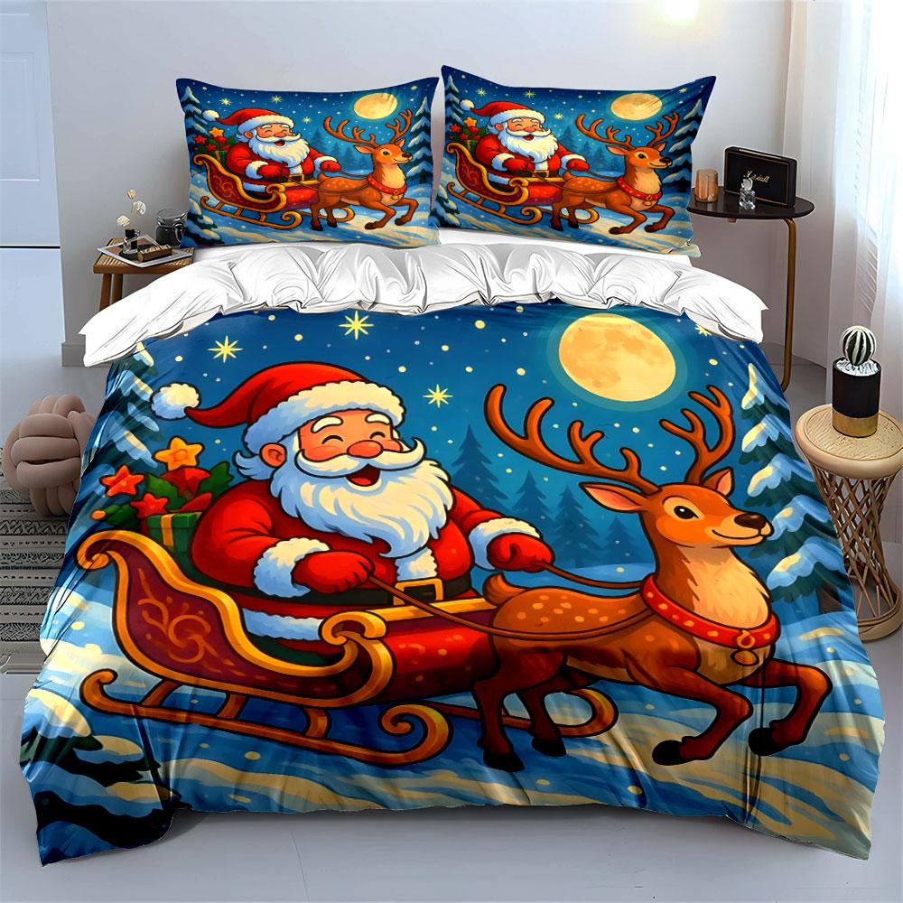 Santa and Reindeer Christmas Scene Bedding Duvet Cover Set Duvet Cover Pillowcases (1*Duvet Cover 2*Pillowcases, Without Duvet Insert)