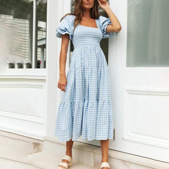 Damen Kleid Karomuster Puffärmel Eckiger Ausschnitt Hohe Taille Sommer Swing Kleid