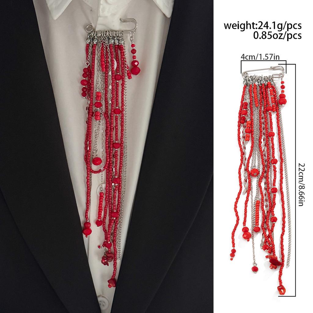 Exaggerated Red Crystal Bead Brooch for Women Men Punk Long Tassel Chain Heart Pendant Brooch Suit Decoration Jewelry Accessorie