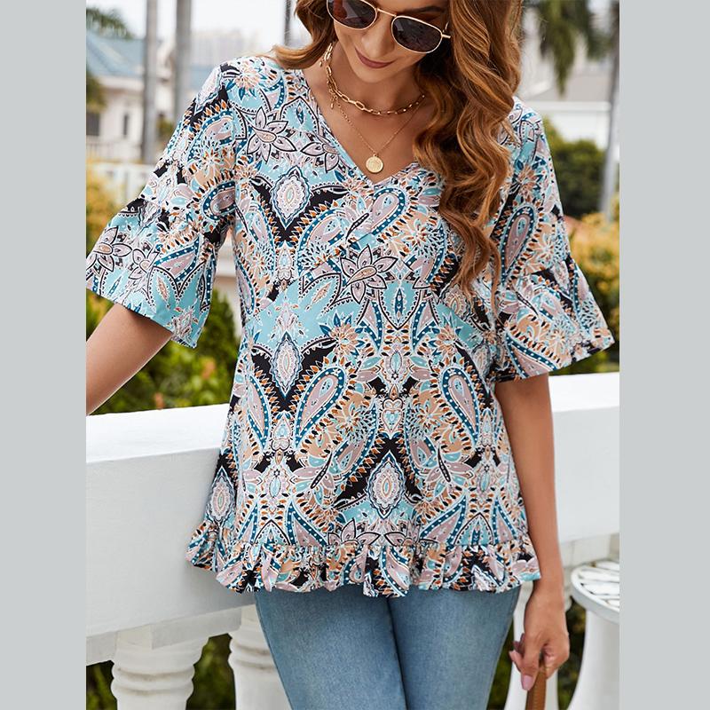 Fashion Women's Tropical Floral Printed V-neck Short Sleeved Casual Shirt with Edging Loose T-shirts