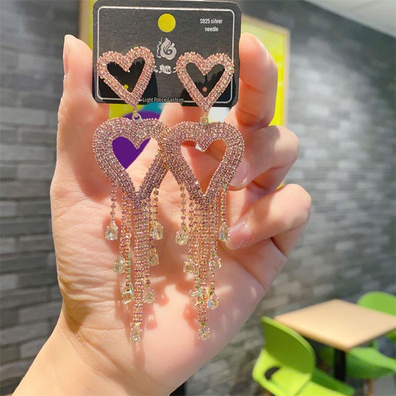 S925 Silver Needle Rhinestone Tassel Earrings - Exquisite Long Claw Chain with Colored Diamonds, European & American Style