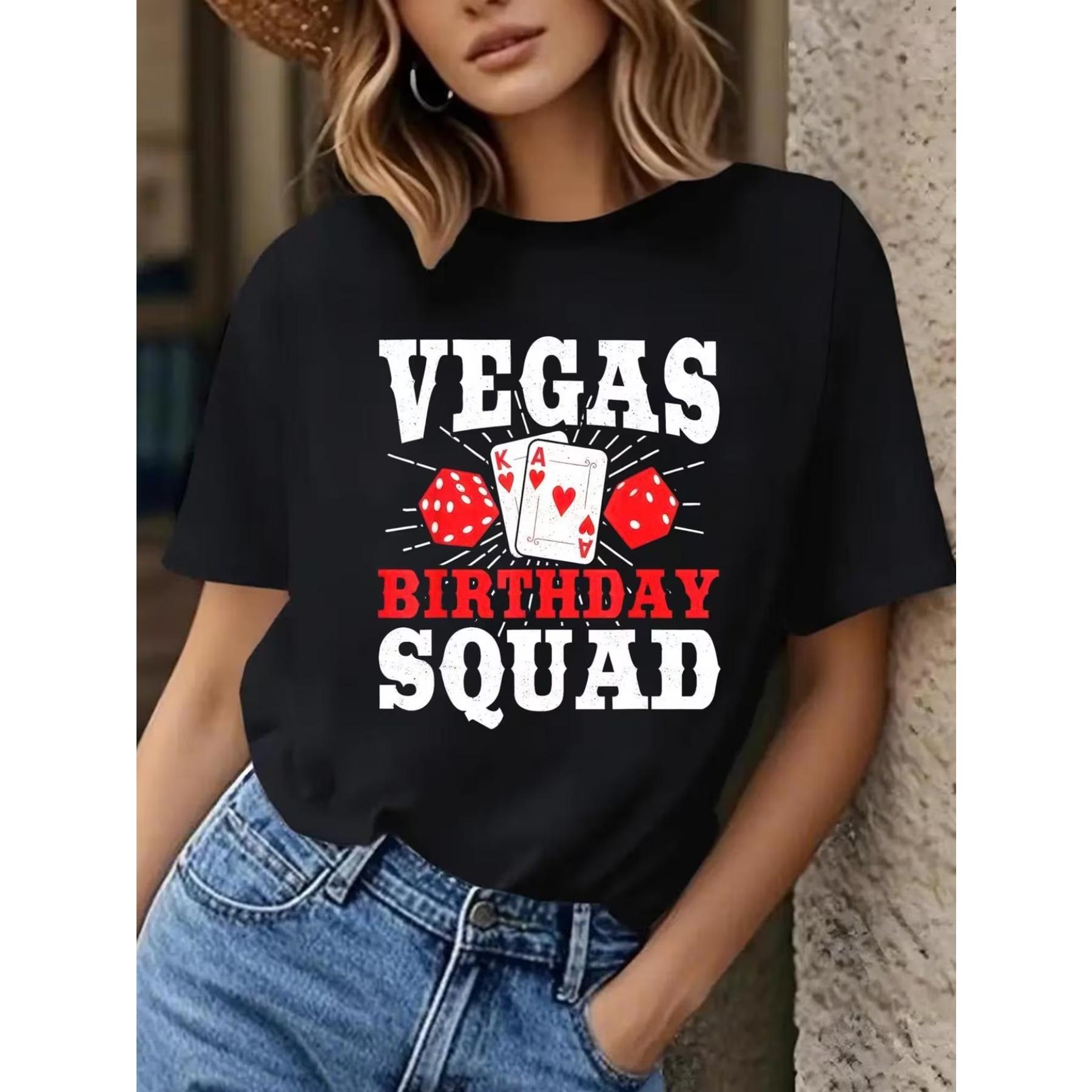 

Черная повседневная футболка с коротким рукавом и круглым вырезом для женской команды на день рождения в Лас-Вегасе - С символами игральных карт S
