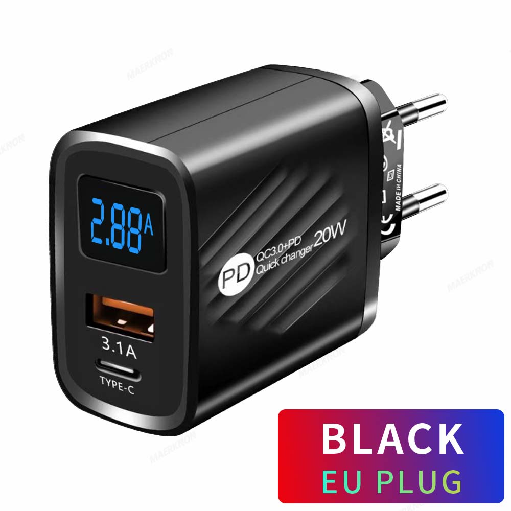 20W USB Charger Fast Charging 2 Ports Type C Phone Charger Adapter for IPhone Samsung Xiaomi Digital Display USB C Wall Charger
