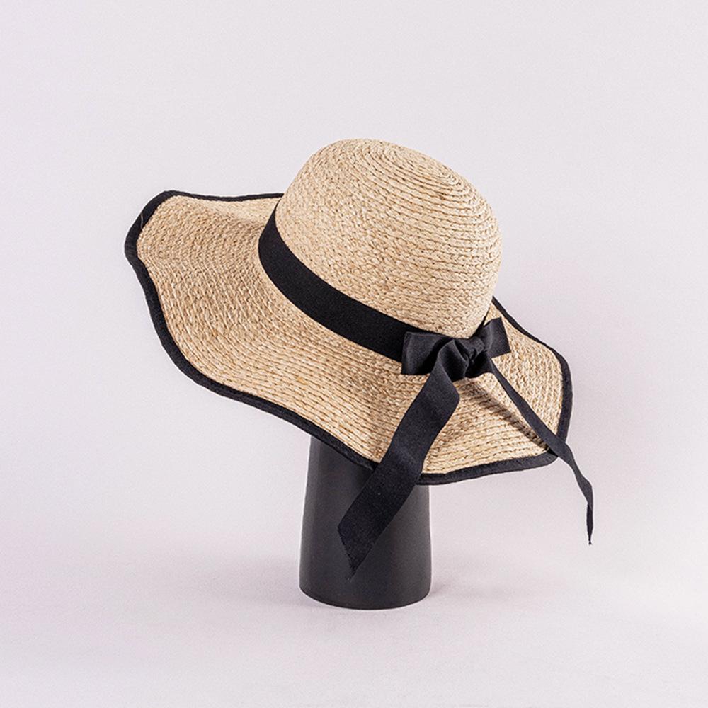 Spring and summer new bow raffia large brim black edge wavy brim fashion leisure beach travel sun protection