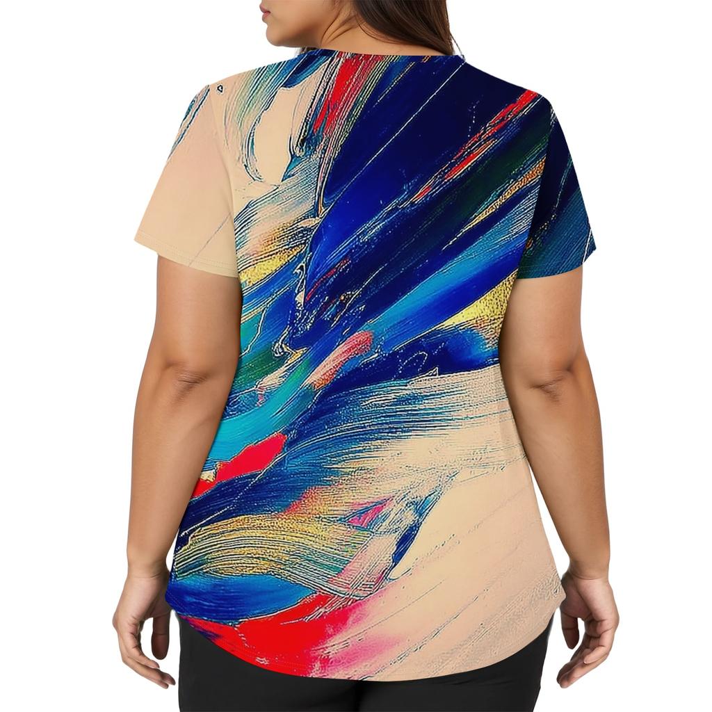 Women's Print V-Neck Short Sleeve Scrub Top with Double Pockets and Side Slits - Comfortable Caregiver Uniform for Daily Work