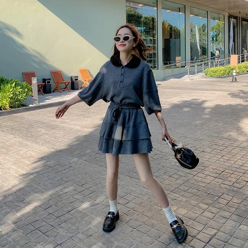 Fashion suit skirt women's 2026 summer new polo collar short-sleeved top + thin skirt skirt two-piece set